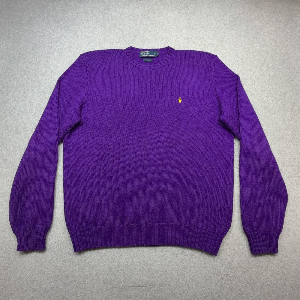Polo By Ralph Lauren Sweater Mens Large Purple Cotton Knit Crewneck Pullover